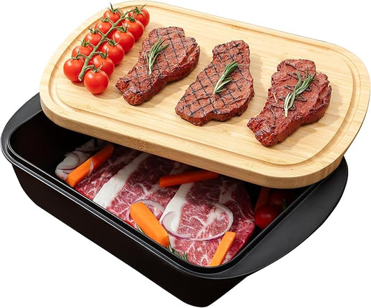 Grill Marinade Tray with Wood Lid, Grill Serving Platter Set, Barbeque Prep Platter Sets, 2 Piece Melamine Prep and Store Tray with Cutting Board for Grill, Meal Prep, Barbeque, Black