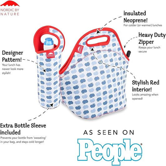 Nordic By Nature Neoprene Reusable Lunch Bag For Women, Apple Red, 12"l X 12"h X 6.5"w