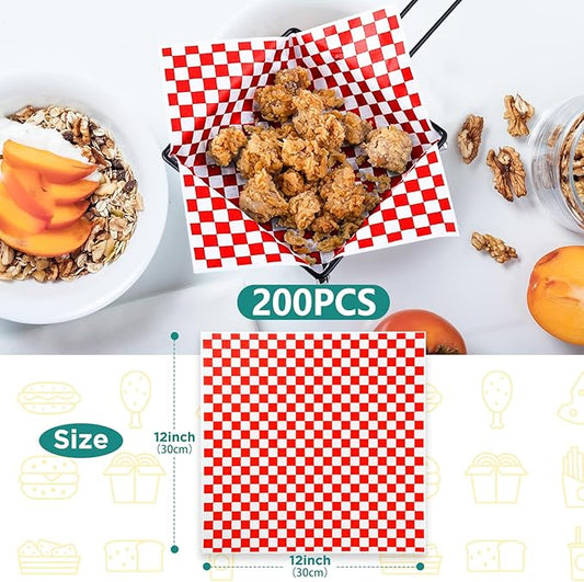 GeeRic Waxed Deli Paper Sheets 12 * 12 Inch, 200 Pcs Food Basket Liners for Sandwiches, Burgers, Checkered Deli Wrap Wax Paper Sheets Red