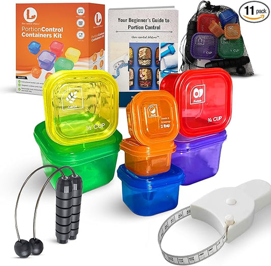 21 Day Portion Control Containers for Weight Loss with Booklet Guide - BPA Free Color-Coded Portion Control Containers, Body Measuring Tape, Cordless Jump Rope & Storage Bag