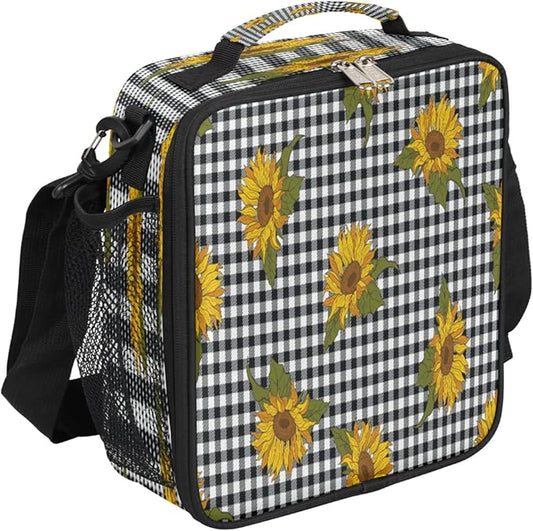 Sunflower Check Kids Lunch Box Cute Insulated Lunch Bag Tote for Girls Boys Black Buffalo Plaid Cooler Freezable Meal Prep Bag with Shoulder Strap Waterproof Lunch Container for School Office Picnic