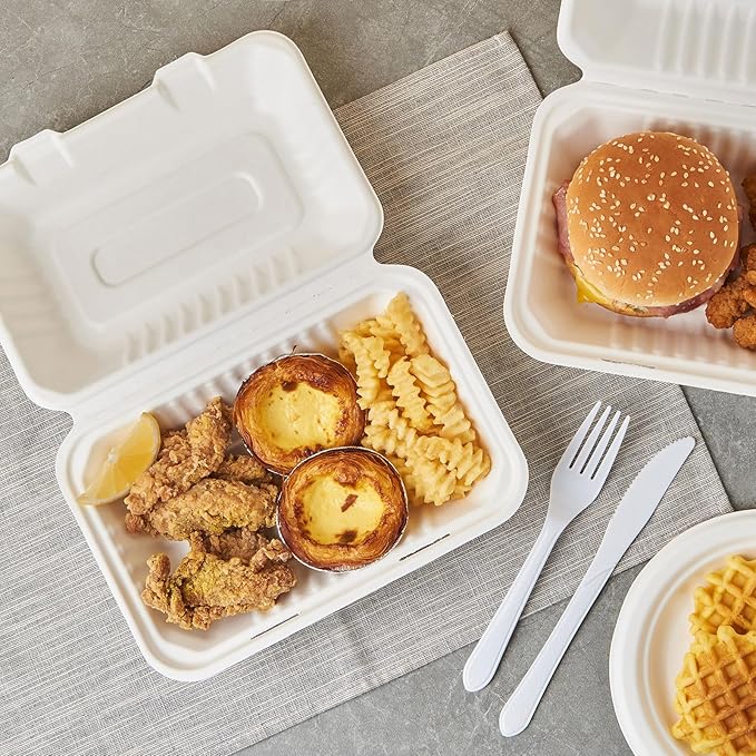 [9X6 1-Compartment 75-Pack Bio Natural Clamshell Take Out Food Containers with Lids, Disposable Bagasse Togo Plates, Eco-Friendly Biodegradable Made of Sugar Cane Fibers