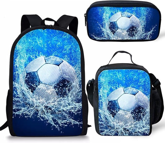 Dolyues Football Backpack for Boys Lunch Box Pencil Bag Sport Kids Backpack Kindergarten Elementary Middle School Book Bag Blue Backpacks with Lunch Bag Pencil Case Set