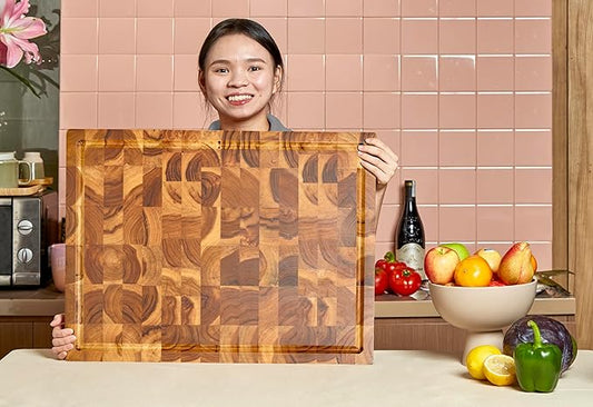 Bearchop Teak Cutting Boards for Kitchen, [20" x 15" x 1.5"] Large End Grain Cutting Boards, Solid Teak Wood Butcher Block Cutting Board with Juice Grooves and Handle, Knife Friendly and Reversible