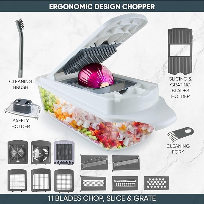 Vegetable Chopper Slicer Onion Dicer, Multi 22-in-1 Veggie Mandoline Food Cutter for Tomato Fruit with Lemon Squeezer, E-Recipe, 11 Blades, Egg Separator & Slicer, Container