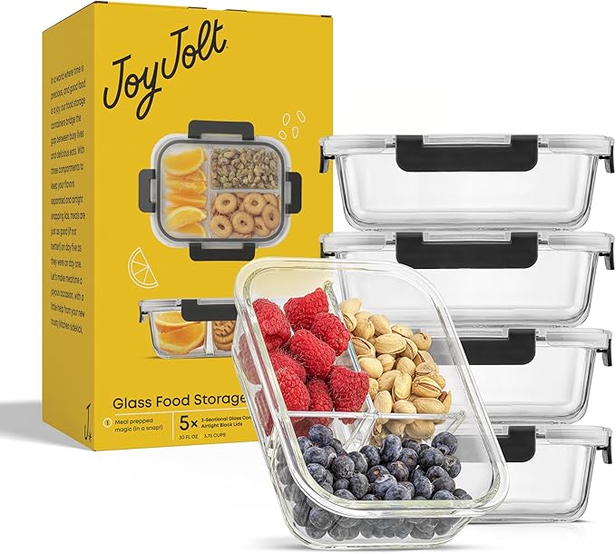 JoyJolt Divided 3 Compartment Glass Meal Prep Bento Box Set. 5 Pack Airtight Food Storage Containers with Lids for Portion Control and Weight Loss