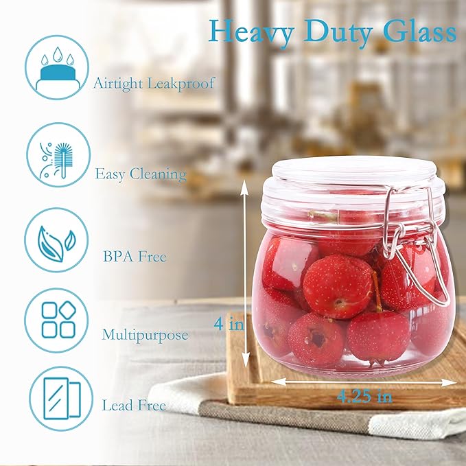 Glass Jars With Airtight Lids 16 OZ 6 Set Wide Mouth Food Storage Canisters Leakproof Sealed Jar Containers With Clamp Lids For Coffee,Sugar, Spices,Snacks, Pickles,Cereal,Tea Bags,Candy,Cookies