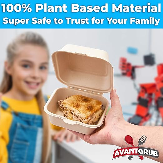 Avant Grub Durable, Grease-Proof 6x6 Clamshell Small To Go Box 50pk. Disposable, Leak-Proof and Microwavable Take Out Food Container With Hinged Lid. Great for Parties, Restaurants and Food Trucks!
