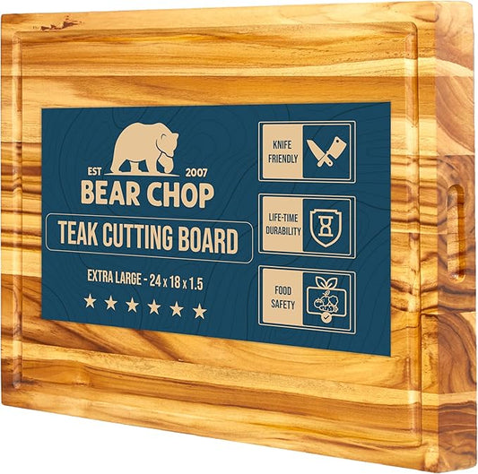 Bearchop Teak Cutting Boards for Kitchen, [24" x 18" x 1.5"] Extra Large Edge Grain Cutting Boards, Solid Teak Wood Butcher Block Cutting Board with Juice Grooves, Handle,Knife Friendly and Reversible