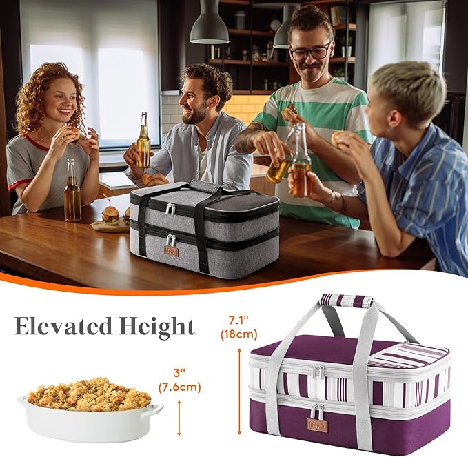 Lifewit Expandable Insulated Casserole Carrier for Hot or Cold Food, Double Decker Food Bag Lasagna Holder Carry Tote for Potluck Parties/Picnic/Cookouts, Fits 9"x13" Baking Dish, Purple