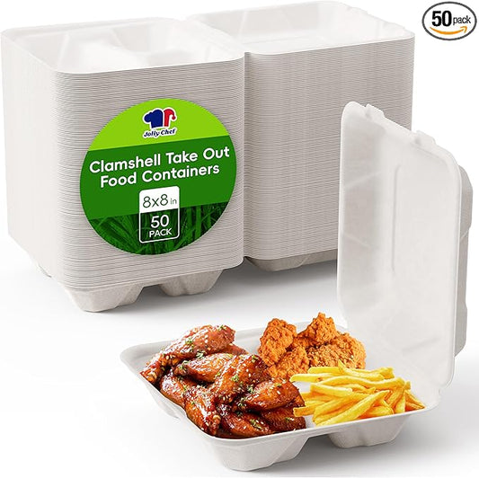 JOLLY CHEF Clamshell Take Out Food Containers, 8 * 8" 50-Pack, 3-Compartment To Go Boxes, Disposable Paper, Sugarcane for Salad, Lunch