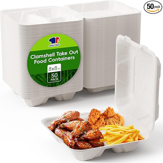 JOLLY CHEF Clamshell Take Out Food Containers, 8 * 8" 50-Pack, 3-Compartment To Go Boxes, Disposable Paper, Sugarcane for Salad, Lunch