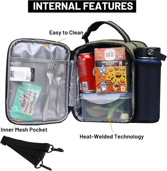 MIER Expandable Lunch Bag Insulated Lunch Box for Men to Work Travel Portable Lunchbox Bags with Shoulder Strap and Water Bottle Holder(Green)