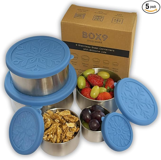 Stainless Steel Containers with Lids - Leak Proof BPA Free | Easy Open Silicone Lids | Meal Prep, Snacks, Lunch for Kids & Adults (32oz/23oz/13oz/6oz/3oz)