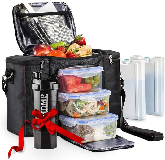 Meal Prep Lunch Bag/Box For Men, Women + 3 Large Food Containers (45 Oz.) + 2 Big Reusable Ice Packs + Shoulder Strap + Shaker With Storage. Insulated Lunchbox Cooler Portion Control Set (Black)