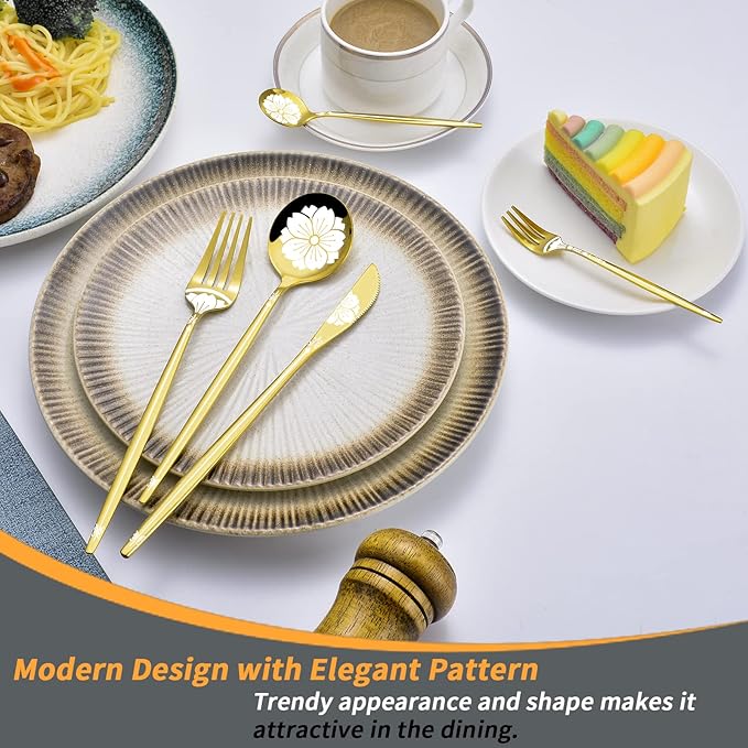 Gold Silverware Set with Pattern 20 Piece, Stainless Steel Flatware Sets for 4, LaienLife Unique Utensils Set with Forks Spoons Teaspoon, Home Party Kitchen Cutlery, Mirror Polished Dishwasher Safe