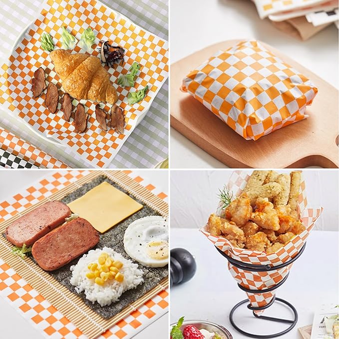 GeeRic Waxed Deli Paper Sheets 12 * 12 Inch, 100 Pcs Food Basket Liners for Sandwiches, Burgers, Checkered Deli Wrap Wax Paper Sheets Orange