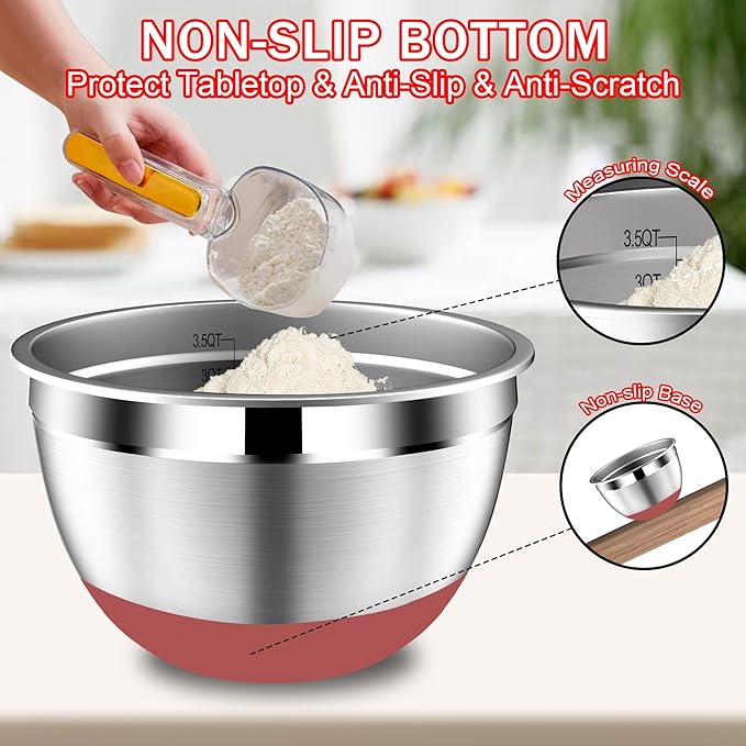Mixing Bowls with Strainer, Mixing Bowl with Lids Set, Stainless Steel Mixing Bowls, Kitchen Gadgets 2025 Salad Bowls with Strainer for Mixing & Preping & Baking, Multicolor