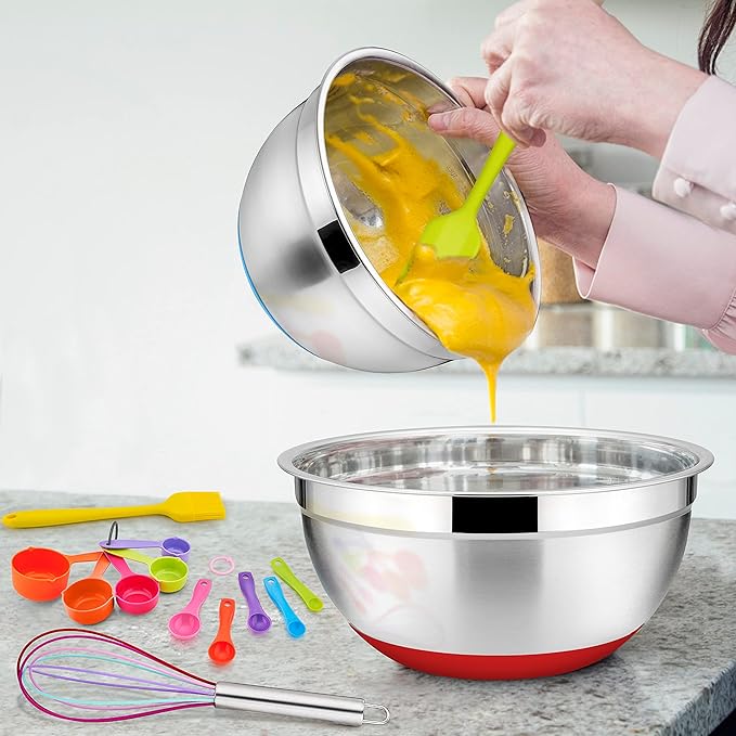 22-Piece Mixing Bowls with Lids & Accessories Set, E-far Stainless Steel Nesting Bowls with Colorful Covers & Non-Slip Bottoms, Metal Bowls for Cooking/Baking/Serving/Storage - Size 7/3.5/2.5/1.5/1 QT