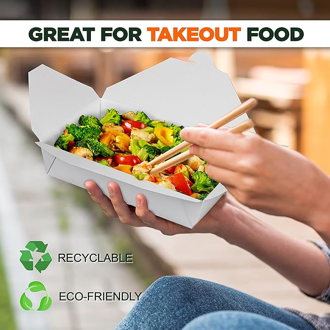 Fit Meal Prep 200 Pack 54 oz Paper Take Out Containers 8.5 x 6 x 2 - White Lunch Meal Food Boxes #2, Disposable Storage To Go Packaging, Microwave Safe, Leak Grease Resistant for Restaurant