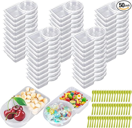 50 pcs Double Compartment Condiment Container, Reusable Snack Containers with Lids, Sauce Dipping Box with 50pcs Spoons, Snackle Box Container Used for Refrigeration, Portion Control, Dipping Sauce
