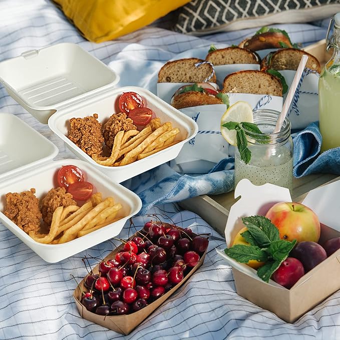ECOLipak 200 Pack Clamshell Take Out Food Containers, 100% Compostable Disposable To Go Containers，6 * 6 inch To Go Boxes for Salad, Cake,Sandwiches