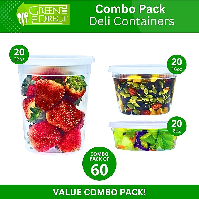 Deli Containers with Lids, Disposable Plastic Lunch Combo 60 Sets, 20 8 oz. & 20 16 oz. & 20 32 oz. Clear Food Storage Containers Leakproof, Plastic Round Freezer Soup Containers for Food