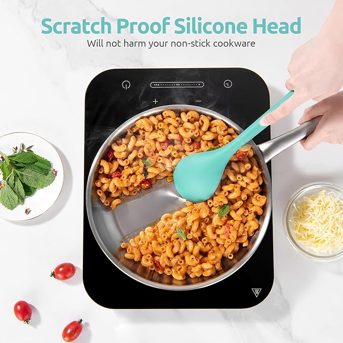 18/8 Stainless Steel Measuring Spoons Set for Dry and Liquid Ingredients (Set of 6), and 600℉ Heat Proof BPA-Free Solid/Slotted Sturdy Cooking Utensil Set of 5 for Non Stick Cookware, Aqua Sky