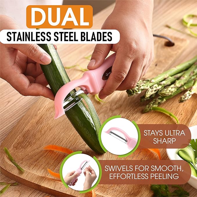 Spring Chef Premium Swivel Vegetable Peeler, Pink Lemonade & Stainless Steel Magnetic Measuring Cups, Set of 7, Black - 2 Product Bundle