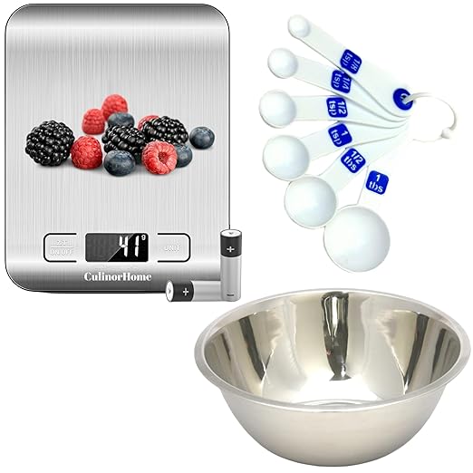 Wedding Registry Must Haves, Kitchen Essentials for First Apartment - Kitchen Scales Digital Weight Grams and Ounces, Teaspoon & Tablespoon Measuring Spoons Bundle with 5qt Stainless Steel Mixing Bowl