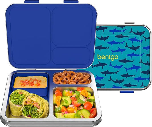 Bentgo Kids Stainless Steel Prints Leak-Resistant Lunch Box - 3-Compartments with Bonus Silicone Container, Durable, Eco-Friendly, Dishwasher Safe, BPA-Free, Ideal for School, Ages 3+ (Shark)