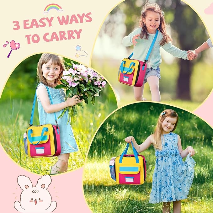 REDSHELL Tactical Lunch Box Kids, Large Insulated Lunch Bag for Girls, Cooler Lunchbag, Square Toddler Lunchbox, School Daycare Lunch Tote Pail with Water Bottle Holder Shoulder Strap, Pink Blue