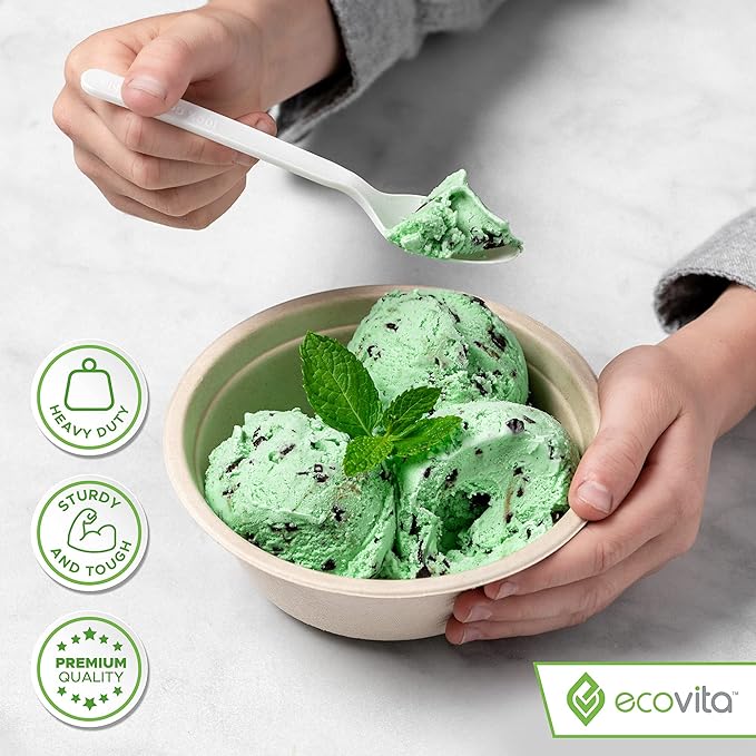 100% Compostable Spoons - 140 Large Disposable Utensils (6.3 in.) Eco Friendly Durable and Heat Resistant Alternative to Plastic Spoons with Convenient Tray