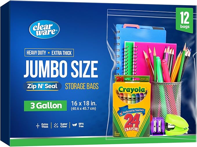 12 Large Storage Bags With Zipper Top - 3 Gallon Size, 16" x 18", Extra Large Plastic for Clothes, Travel, Moving, Large Reusable freezer bags, BPA-Free, 2-mil Thick