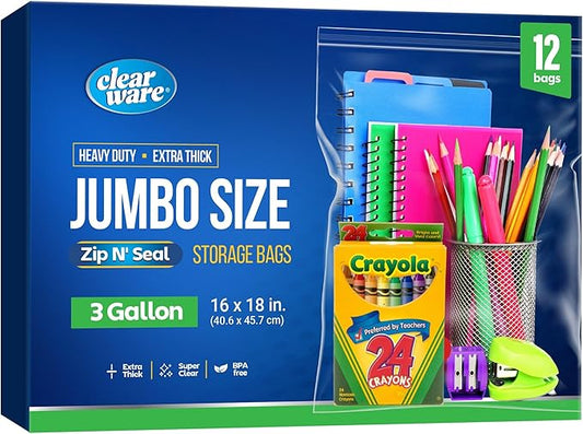 12 Large Storage Bags With Zipper Top - 3 Gallon Size, 16" x 18", Extra Large Plastic for Clothes, Travel, Moving, Large Reusable freezer bags, BPA-Free, 2-mil Thick