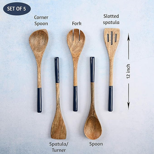 Folkulture Wooden Spoons for Cooking | 12" Premium Acacia Wooden Utensil Set of 5 - Smooth Finish, Soft Comfort Cooking Utensils Set for Kitchen, Gifts | Non Stick Wooden Cooking Utensils Set of 5