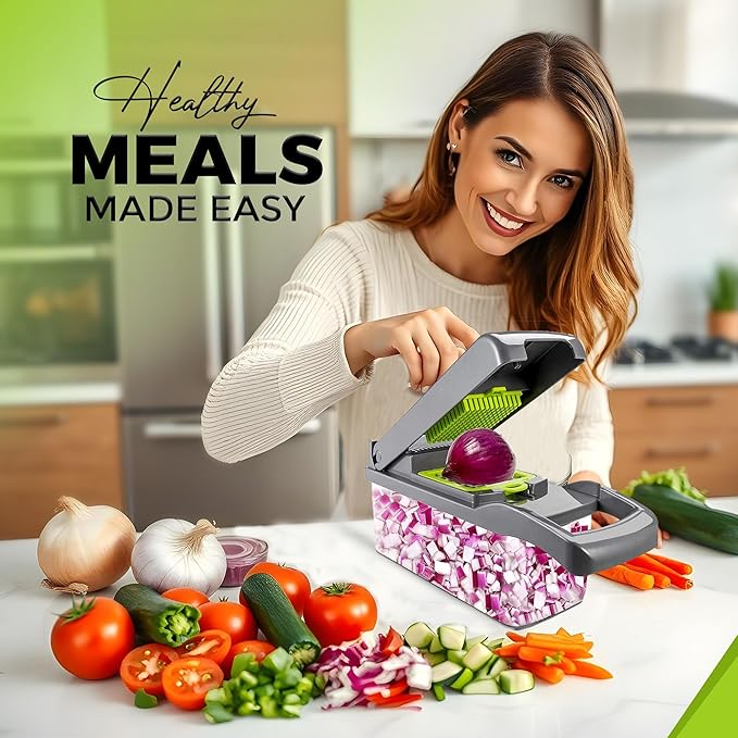 Fourteen Homes Vegetable Chopper with Container - Cheese Grater - Mandoline Slicer for Veggies, Onions, Fruit, Potatoes - Salad Slicer -14 in 1 Veggie Chopper