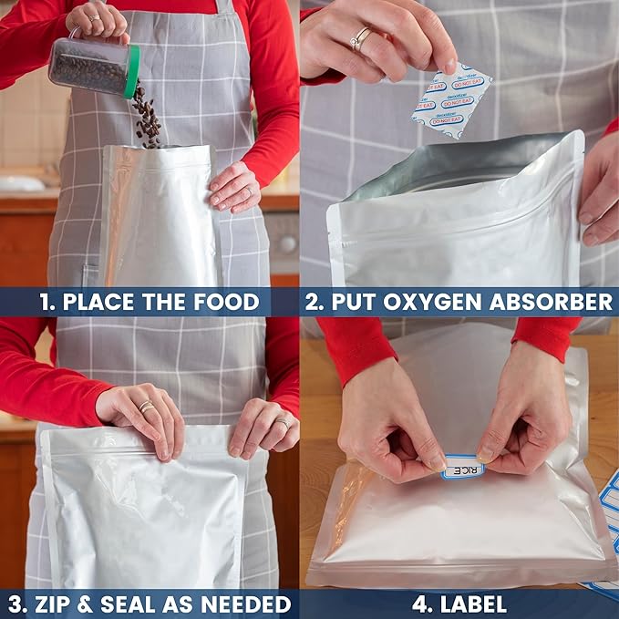 50PCS Quart Mylar Bags For Food Storage - 10Mil Thick 7x10 inch Mylar Bags with Oxygen Absorbers 400cc & Labels, Ziplock Bag for Long Term Storage, Heat & Vacuum Seal Large Kitchen Bag