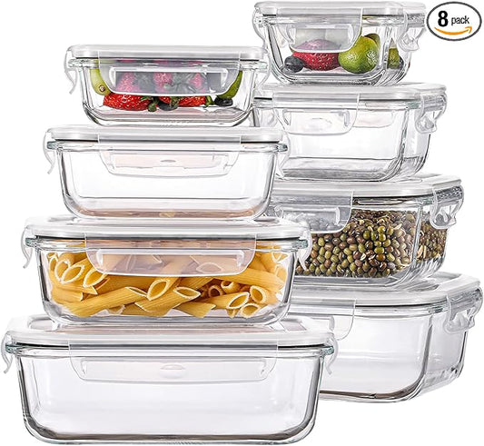 HOMBERKING 8 Pack Glass Food Storage Containers with Lids, Meal Prep Containers, Airtight Bento Boxes with Leak Proof Locking for Microwave, Oven, Freezer and Dishwasher, BPA Free, 5-35oz, white