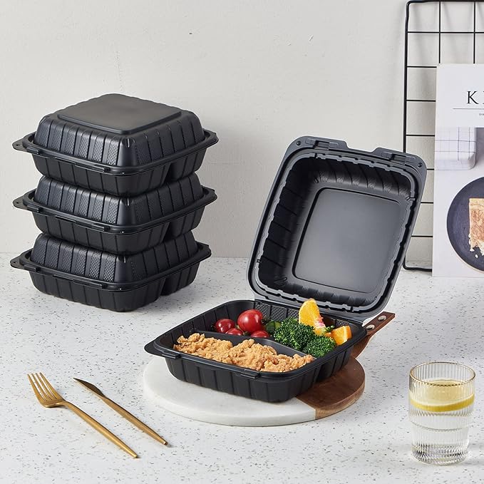 FULING [8x8-Inch, 50 Pieces, 3-Compartment Disposable To Go Box Containers, Plastic Clamshell Takeout Food Trays, Microwave Safe, Cut Resistantstable Hinged Lid, Hybrid Polypropylene, Black