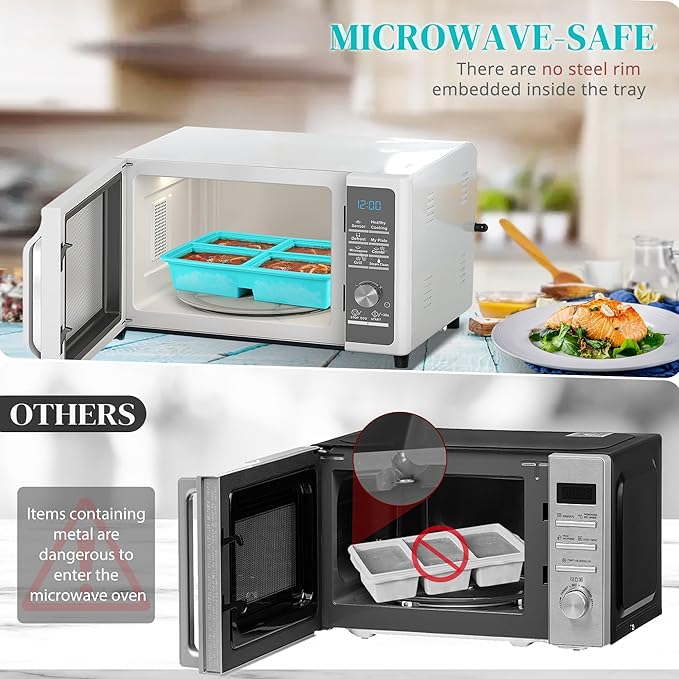 4 Pack Silicone Freezer Trays With Lid - 1 Cup Molds for Soup, Broth, Leftovers - Microwave-Safe Container - Aqua