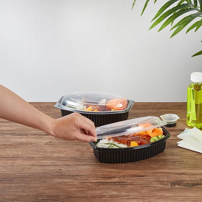 Restaurantware RW Base 32 Ounce Meal Prep Containers, 100 Microwavable To Go Containers With Lids - Disposable, Freezable, Black Plastic Oval Food Containers, Pack Hot And Cold Food, For Takeaway