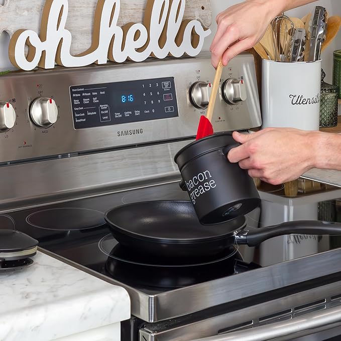AuldHome Design Farmhouse Bacon Grease Container (Black), Enamelware Bacon Grease Can w/ Strainer, Vintage Style, Keto-Friendly