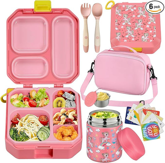 Bento Lunch Box for Kids with 12oz Soup Thermo Leak-Proof Lunch Food Container with 5 Compartment Thermo Hot Food Jar and Insulated Lunch Bag for Kid Toddler Girls Boys to School