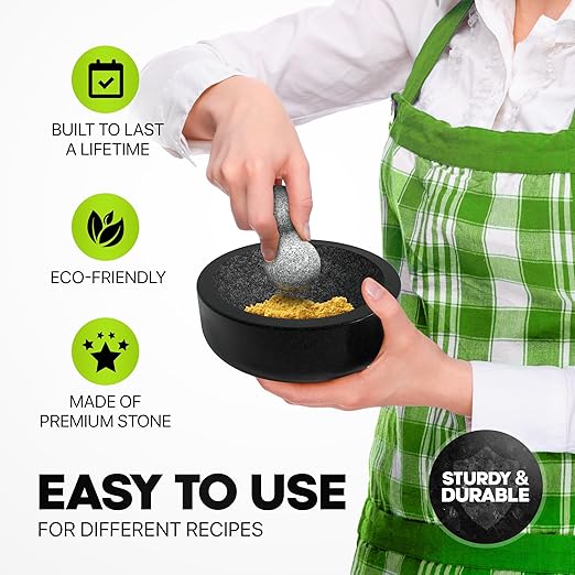Umien™ Granite Mortar and Pestle Set - 100% Granite - 3.5-Cups - 8-Inch – Avocado Tool Included – Natural Stone Molcajete for Spices, Pestos, & Guacamole (Black) - Stone Grinder - Guacamole