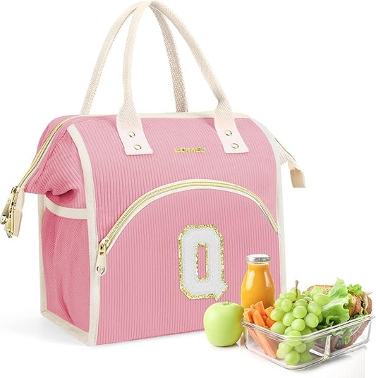 Personalized Initials Lunch Box for Women& Men, Preppy Reusable 10 L Insulated Lunch Bag, Leakproof Large Qdults lunch tote Cooler Bags Insulated for Beach,Travel,Work, Picnic-Birthday Gifts（Pink Q）