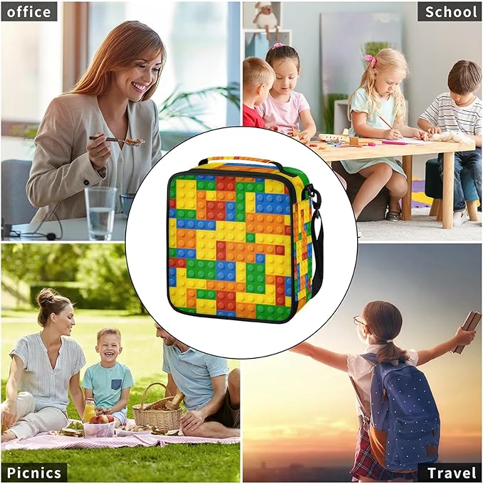 Lunch Bag Colorful Building Blocks Personalized Insulated Lunch Bag Reusable Lunch Box Picnic Travel Lunch Tote Bag Snack Bag