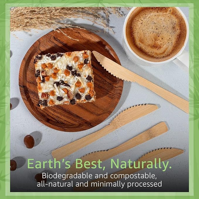 100% Bamboo Knives Set - Eco Friendly Kitchen Utensils (600 Compostable Knives) | Bamboo Utensils Disposable or Reusable | Compostable FSC Certified Silverware for Weddings, Camping, Parties
