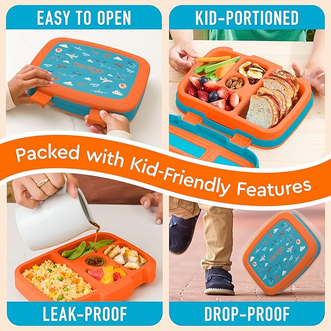 Bentgo Kids Prints Leak-Proof, 5-Compartment Bento-Style Kids Lunch Box - Ideal Portion Sizes for Ages 3-7, Durable, Drop-Proof, Dishwasher Safe, & Made with BPA-Free Materials (Planes)