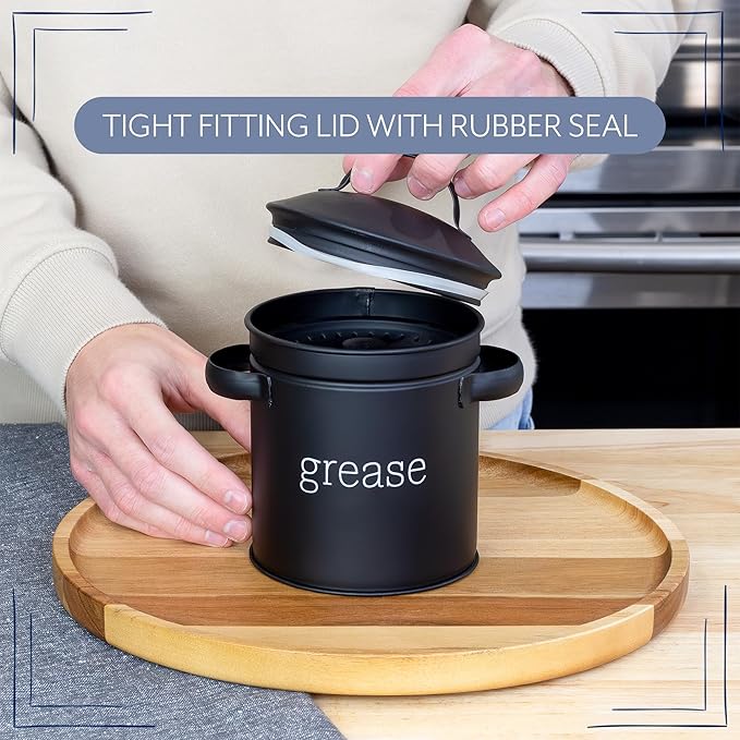 AuldHome Design Enamelware Grease Container w/Strainer (Black), Farmhouse Style Kitchen StorageTin, Labeled “Grease”
